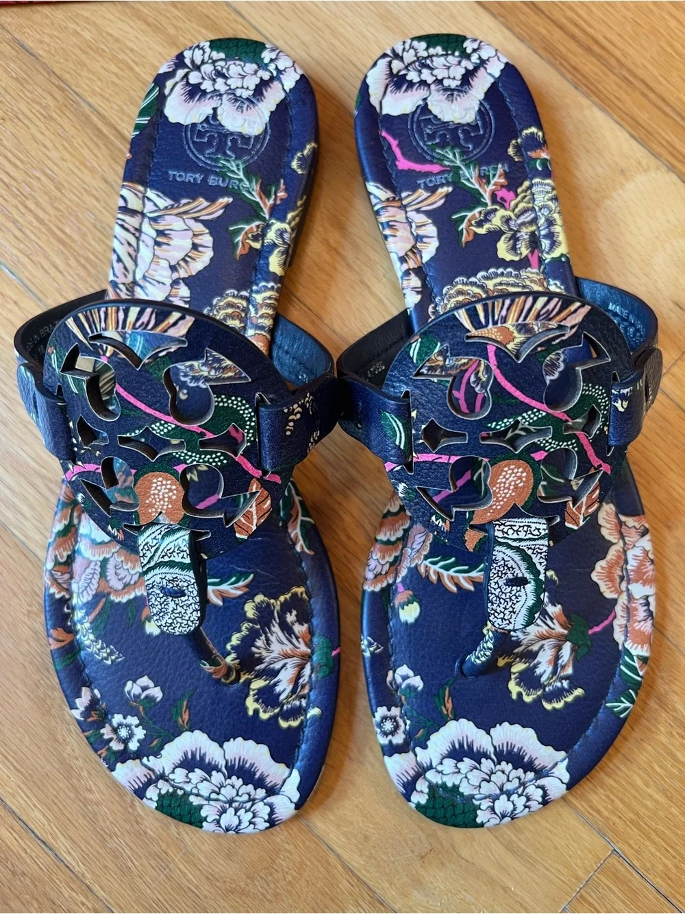 Tory Burch Happy Times Navy Floral Printed Tumbled Leather Miller Sandals